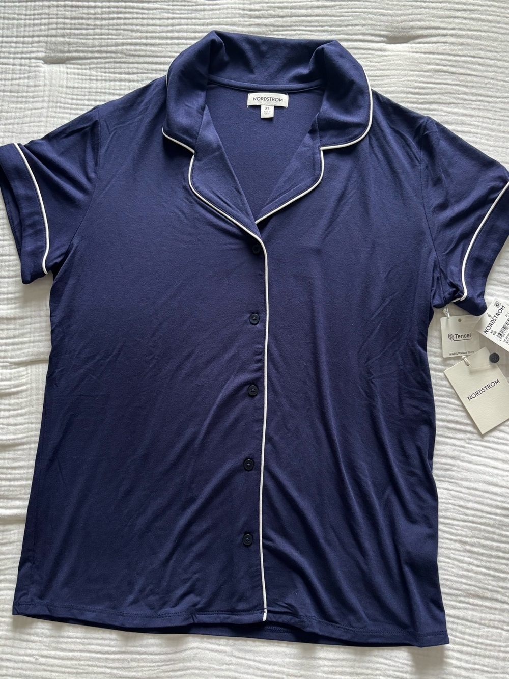 Nordstrom Navy Short-Sleeve Button Front Pajama Top with White Piping